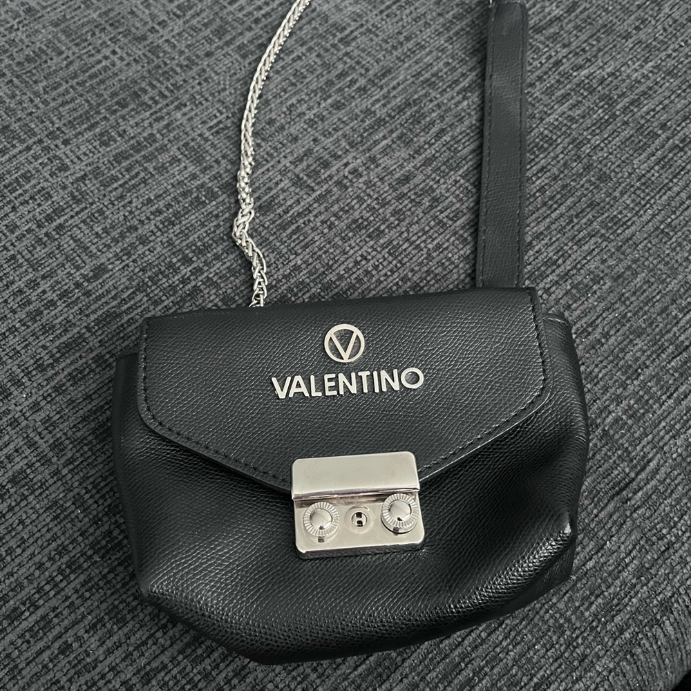 Valentino Black Leather Wristlet with Silver Chain